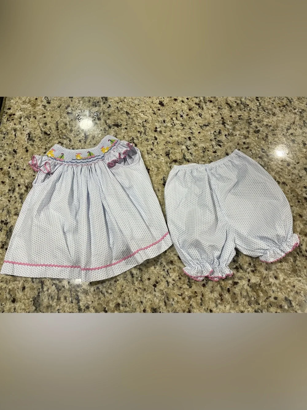 Baby Girls White Dot Smocked Dress with Pink Trim and Matching Diaper Cover